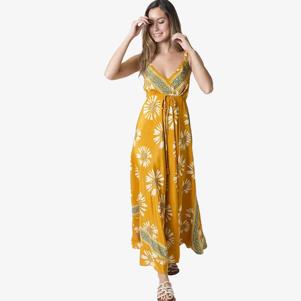 Tantrend "Boho Soul" Sunflower dress 1 Tantrend Boho Soul μάξι φόρεμα Sunflowers σε Μουσταρδι ιβουαρ, μπροστινή όψη