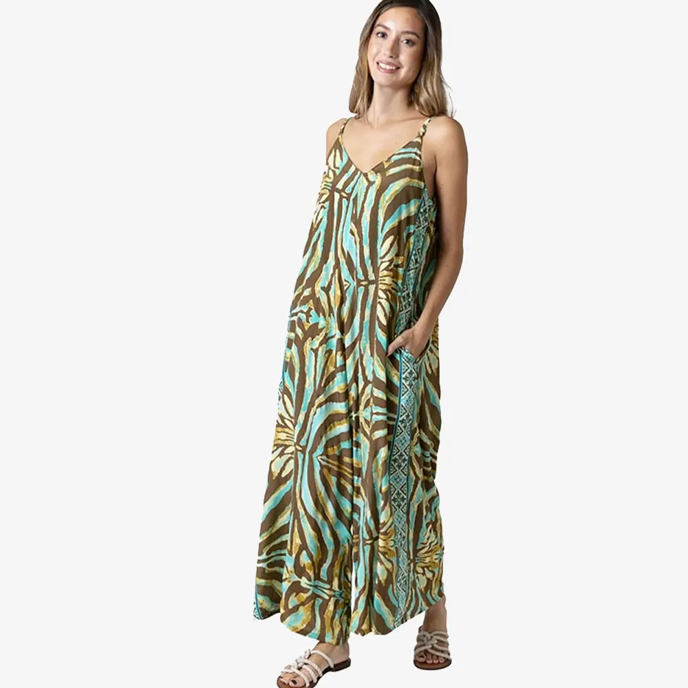 tantrend "Boho Soul" Ολόσωμη Φόρμα Zebra 1 Tantrend Boho Soul ολόσωμη φόρμα καμπάνα με zebra print σε βεραμάν βάση, μπροστινή όψη σε λευκό φόντο