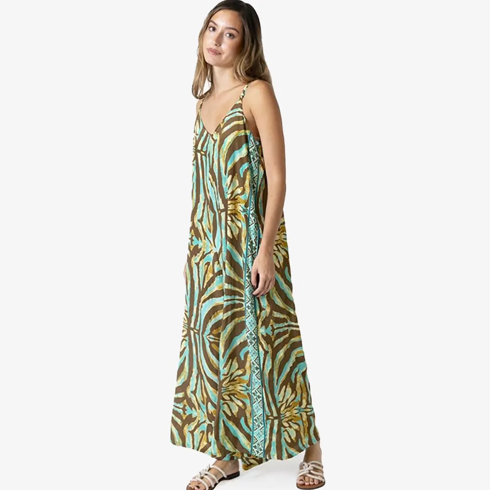 tantrend "Boho Soul" Ολόσωμη Φόρμα Zebra 2 Tantrend Boho Soul ολόσωμη φόρμα καμπάνα με zebra print σε βεραμάν βάση, μπροστινή όψη σε λευκό φόντο