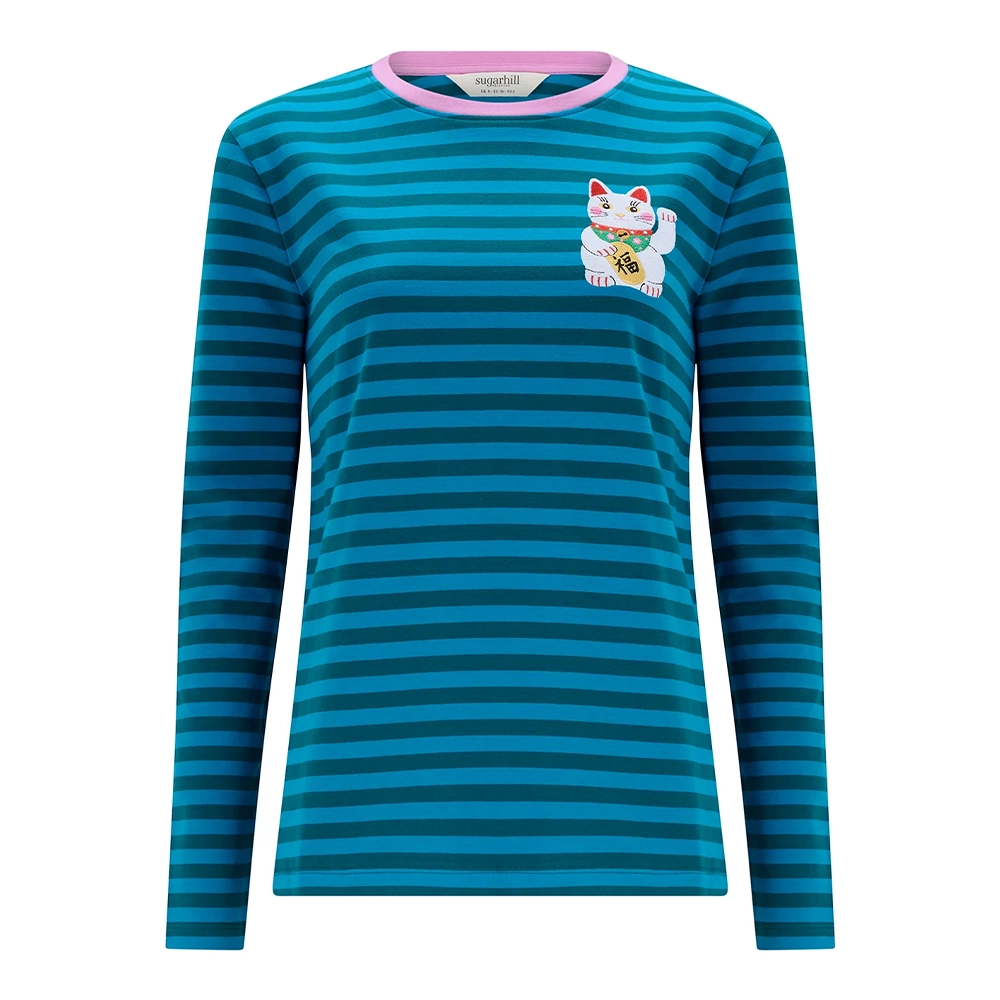 Brunswick Jersey Top-3d Sugarhill Brighton Brunswick ριγέ μακρυμάνικη μπλούζα σε μπλε-πράσινο χρώμα με κέντημα Lucky Cat