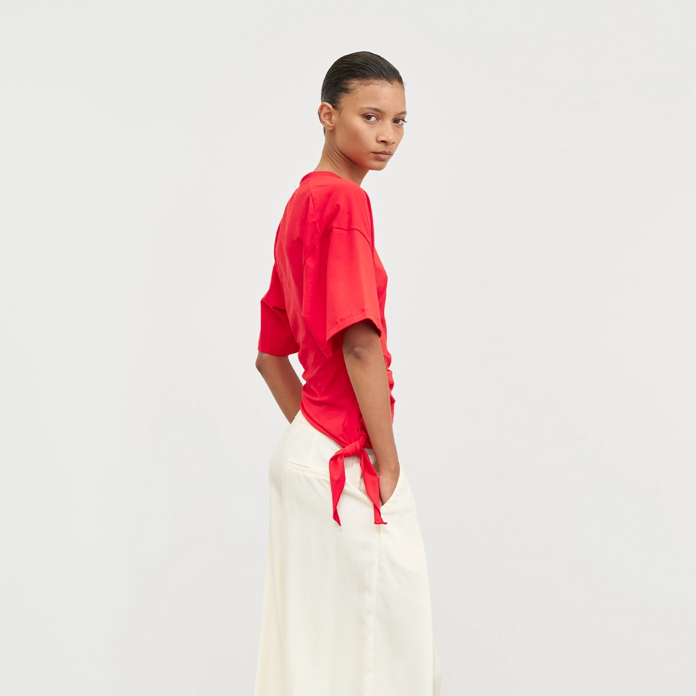 LD5618REDSIDE Lumina γυναικείο βαμβακερό t-shirt μονόχρωμο με δέσιμο στο πλάι Lady Fox