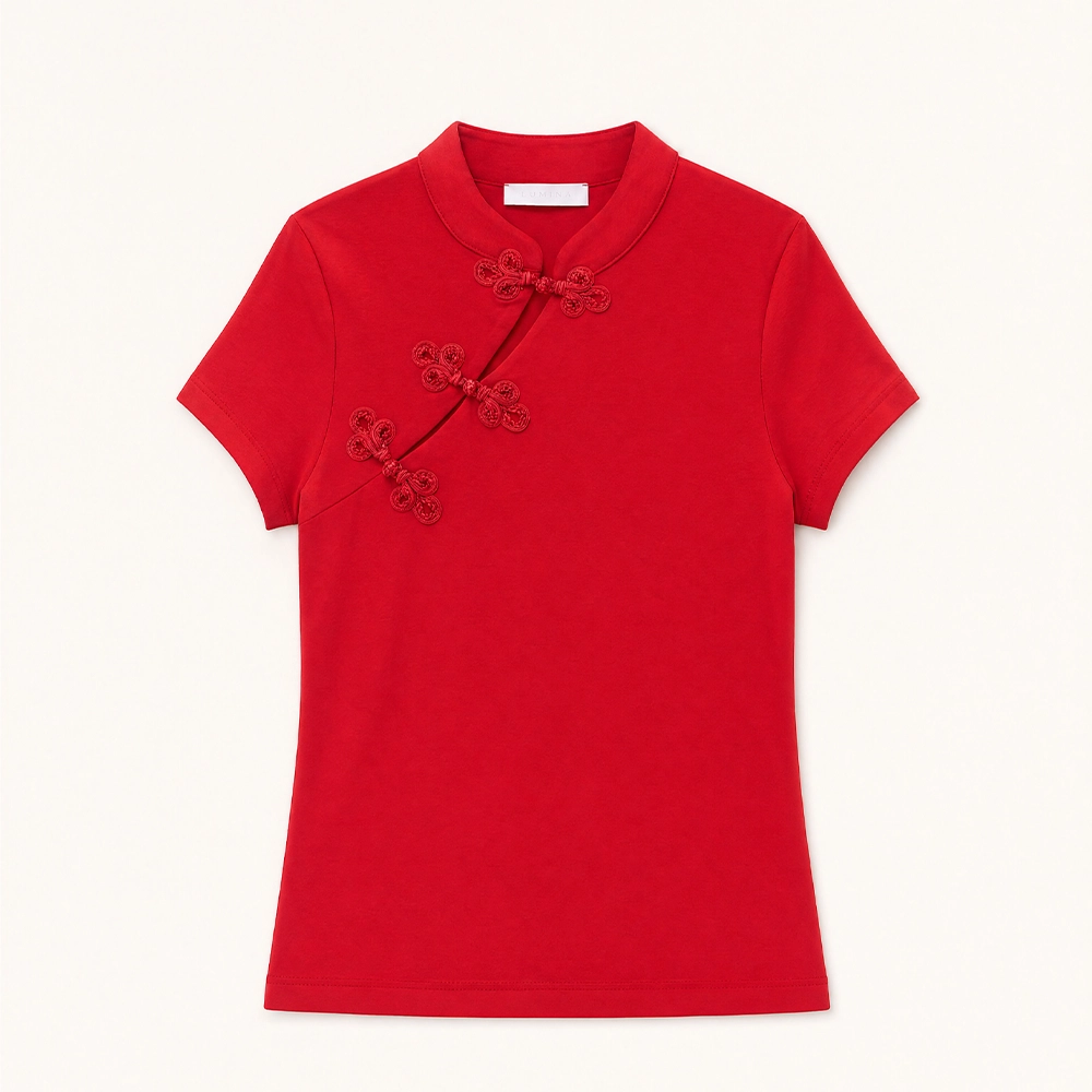 LD5619RED Lumina γυναικείο κόκκινο t-shirt εμπνευσμένο από το ασιατικό Qipao style Lady Fox