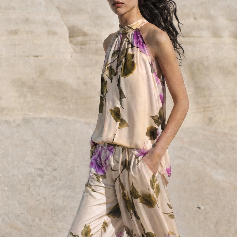 LD5638SIDESET Σατέν co-ord set με floral halter τοπ και παντελόνα Lumina