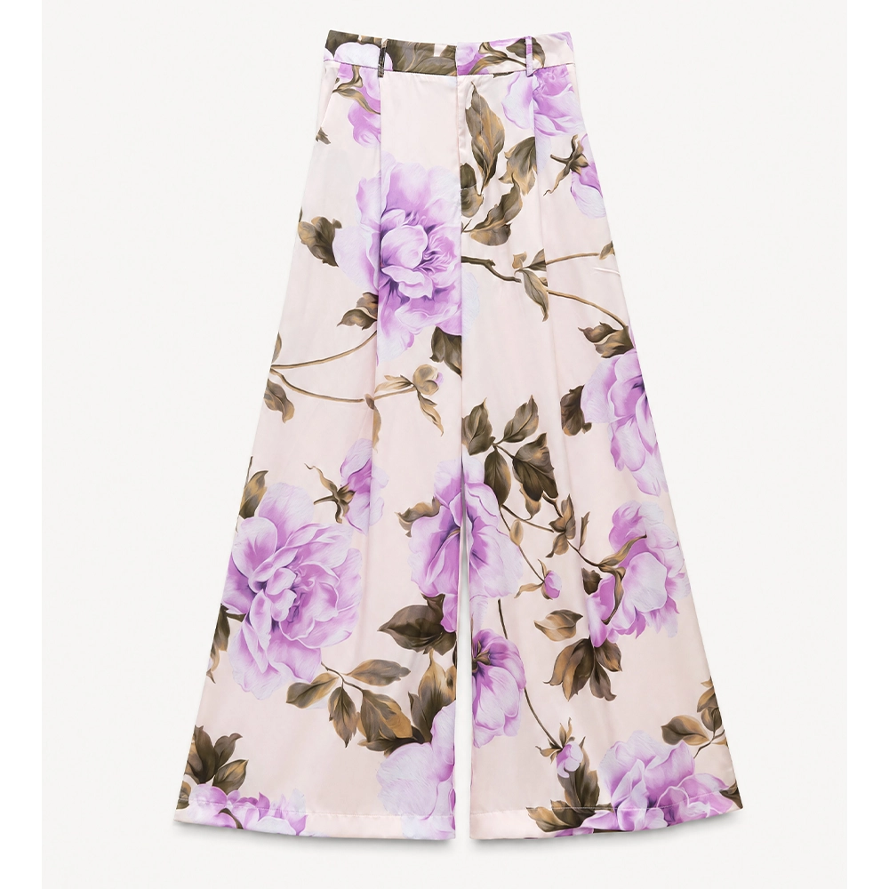 LD5639 Lumina σατέν παντελόνα ψηλόμεση με μωβ floral σχέδιο Lady Fox
