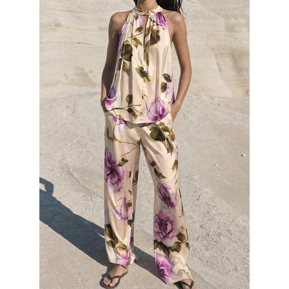 LD5639SET Σατέν co-ord set με floral παντελόνα και halter μπλούζα Lumina