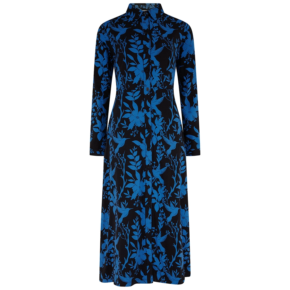 Sylvia-Jersey-Midi-Shirt-Dress-Black-Hummingbird-3d Sugarhill Brighton Sylvia γυναικείο midi jersey shirt φόρεμα με σχέδιο μπλε κολιμπρί σε μαύρο φόντο