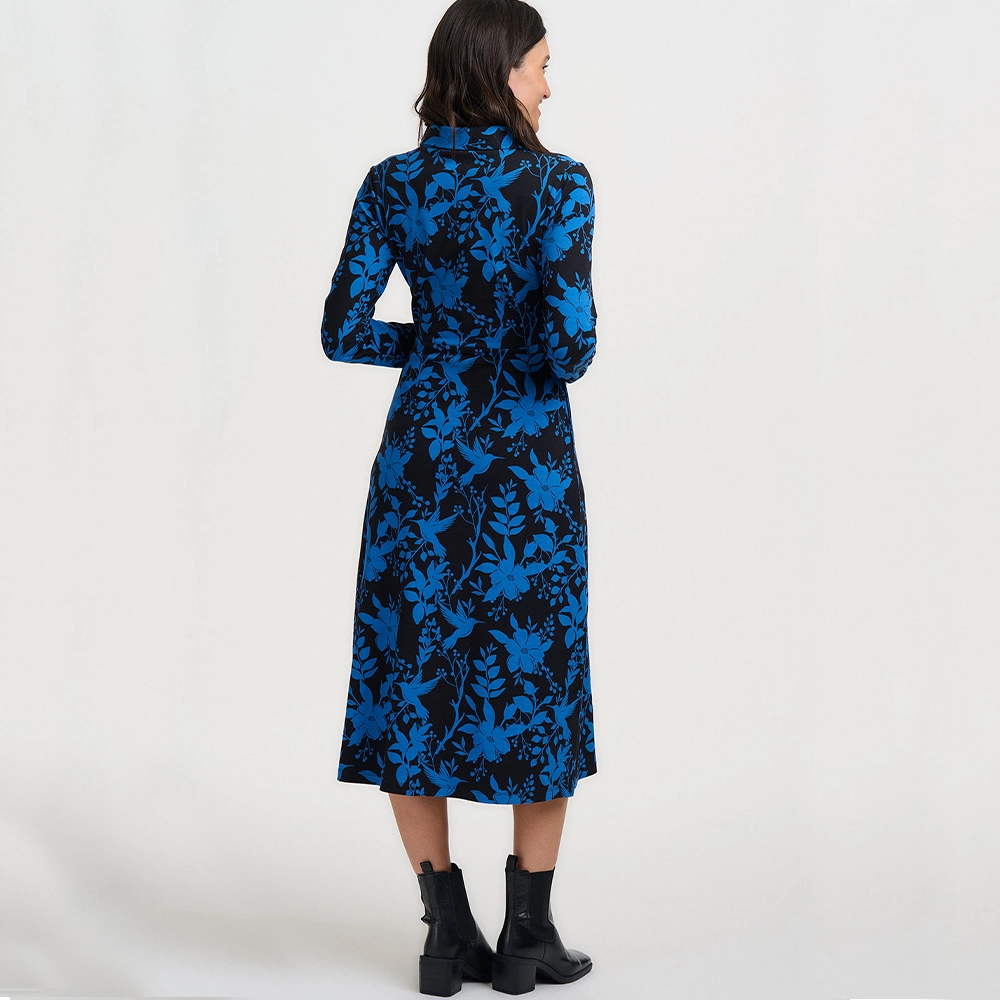 Sylvia-Jersey-Midi-Shirt-Dress-Black-Hummingbird-Back Πίσω όψη γυναικείου midi φορέματος Sugarhill Brighton Sylvia Black Hummingbird