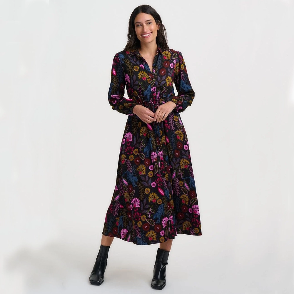 sugarhill-Black-Dottie-Maxi-Shirt-Dress-Jungle (1) Sugarhill Brighton Dottie γυναικείο maxi φόρεμα πουκαμίσα με τροπικό print σε μαύρο φόντο