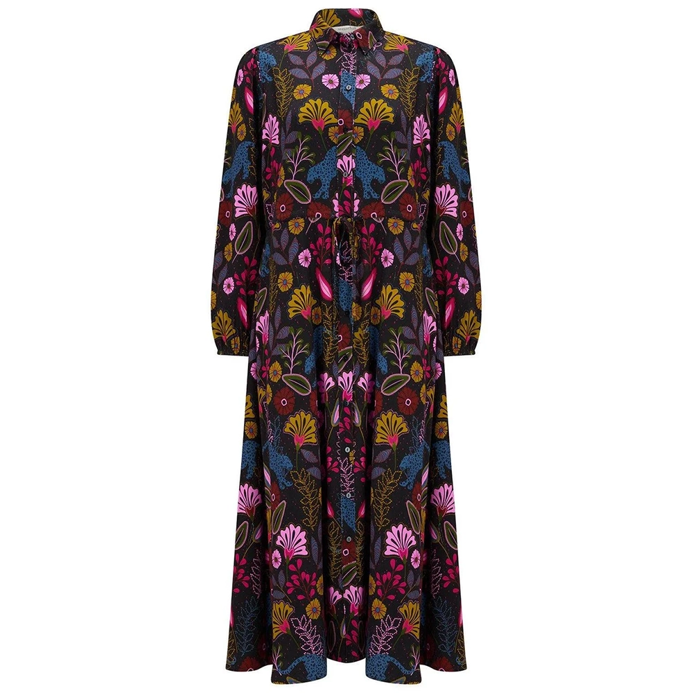 sugarhill-Black-Dottie-Maxi-Shirt-Dress-Jungle Sugarhill Brighton Dottie Maxi Shirt Dress - Black Jungle print σε λευκό φόντο